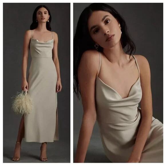 BHLDN Dresses & Skirts - BHLDN Cali Satin Cowl Neck Midi Slip Dress Sleeveless Champagne US 4